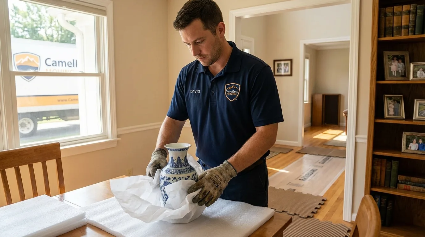 Professional crew carefully wrapping antique vase for senior downsizing move in Incline Village, NV